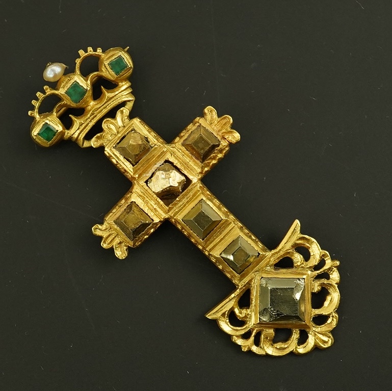 An antique continental engraved gold and seven stone pyrites? set cross pendant, with a gold, emerald and seed pearl set suspension brooch attachment